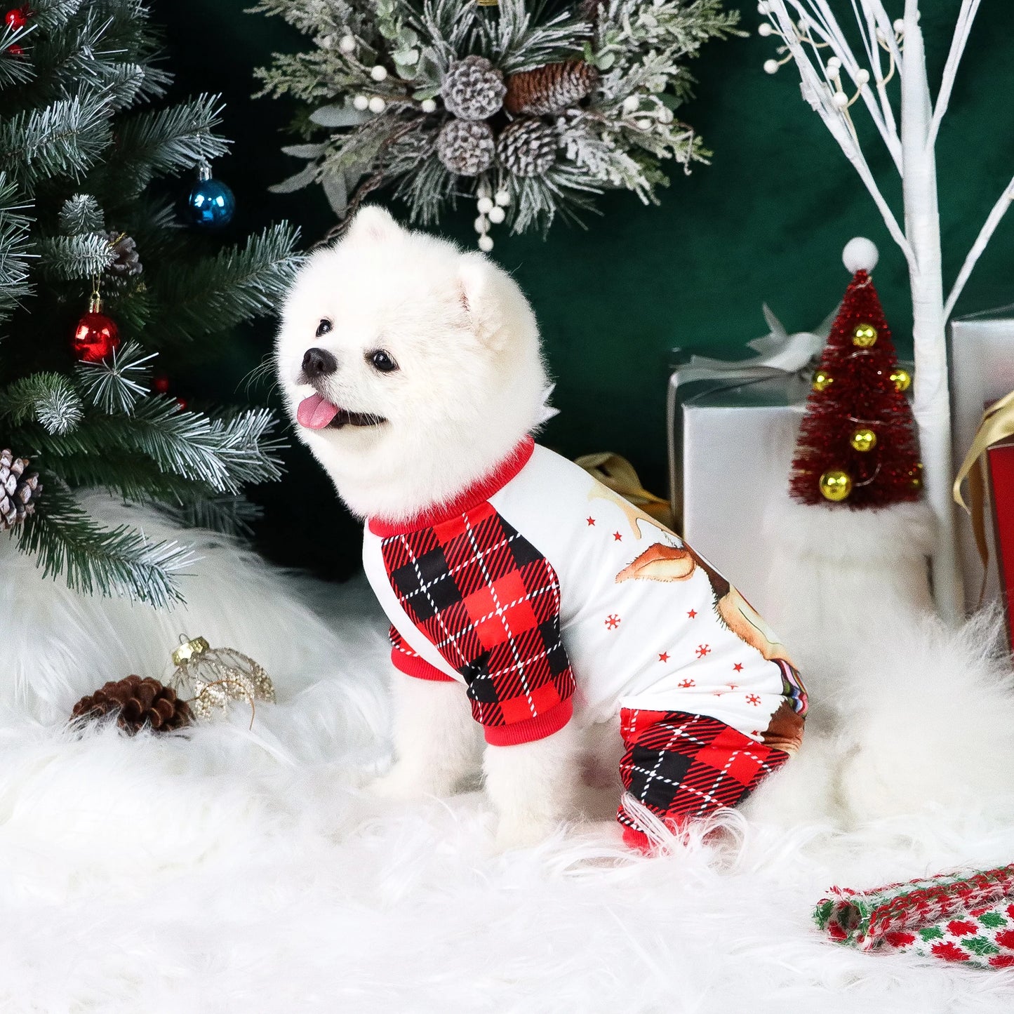 Christmas Dog Pajamas Classical Plaid Soft Dog Clothes with Cute Elk and SANTA CREW Jumpsuit Dog Costumes for Small Medium Puppy