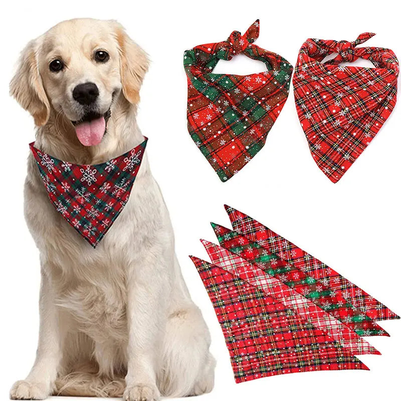 Dog Bandanas Large Pet Scarf Christmas Snow Print Dog Cotton Plaid WashableBow Ties Collar Cat Dog Scarf Large Dog Accessories