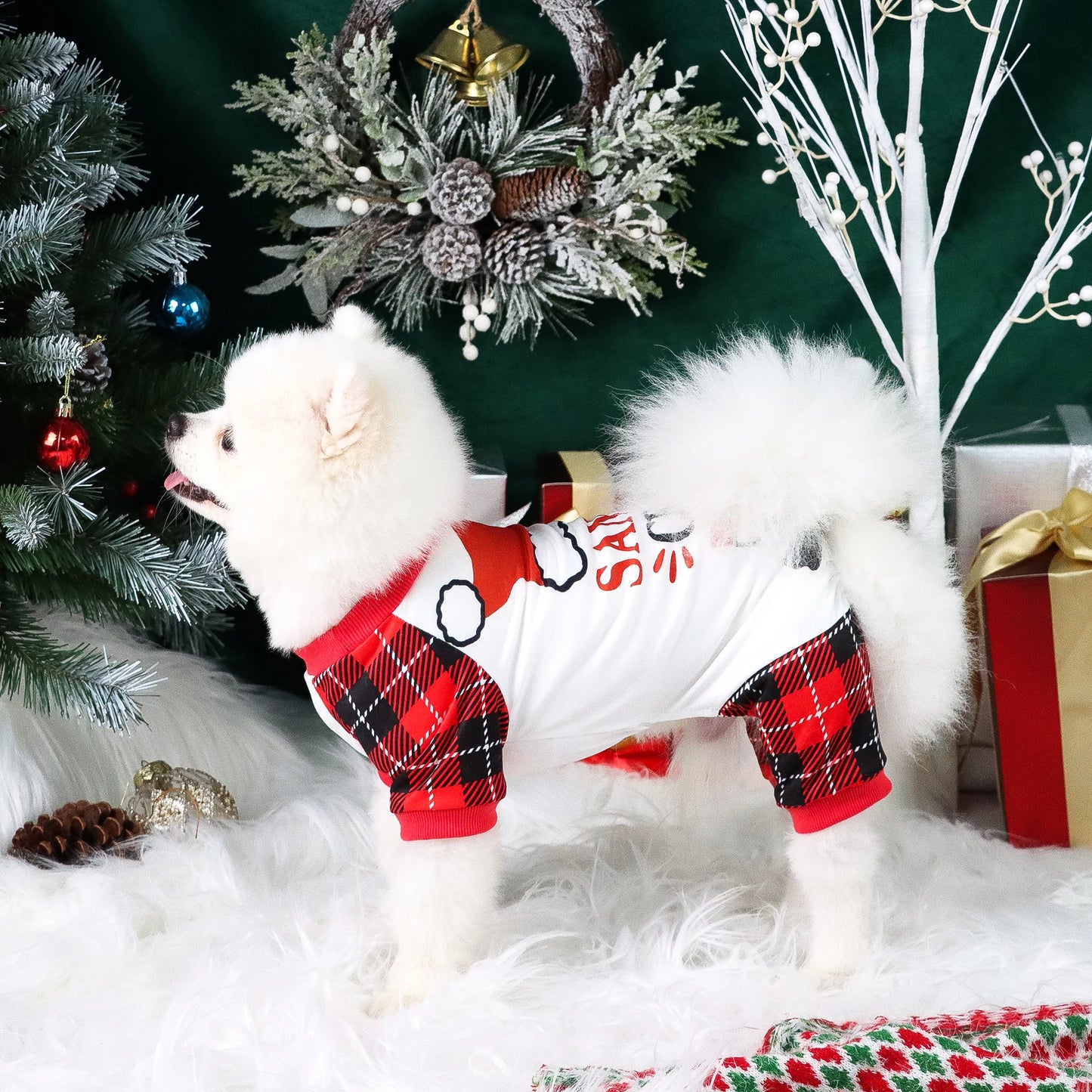 Christmas Dog Pajamas Classical Plaid Soft Dog Clothes with Cute Elk and SANTA CREW Jumpsuit Dog Costumes for Small Medium Puppy