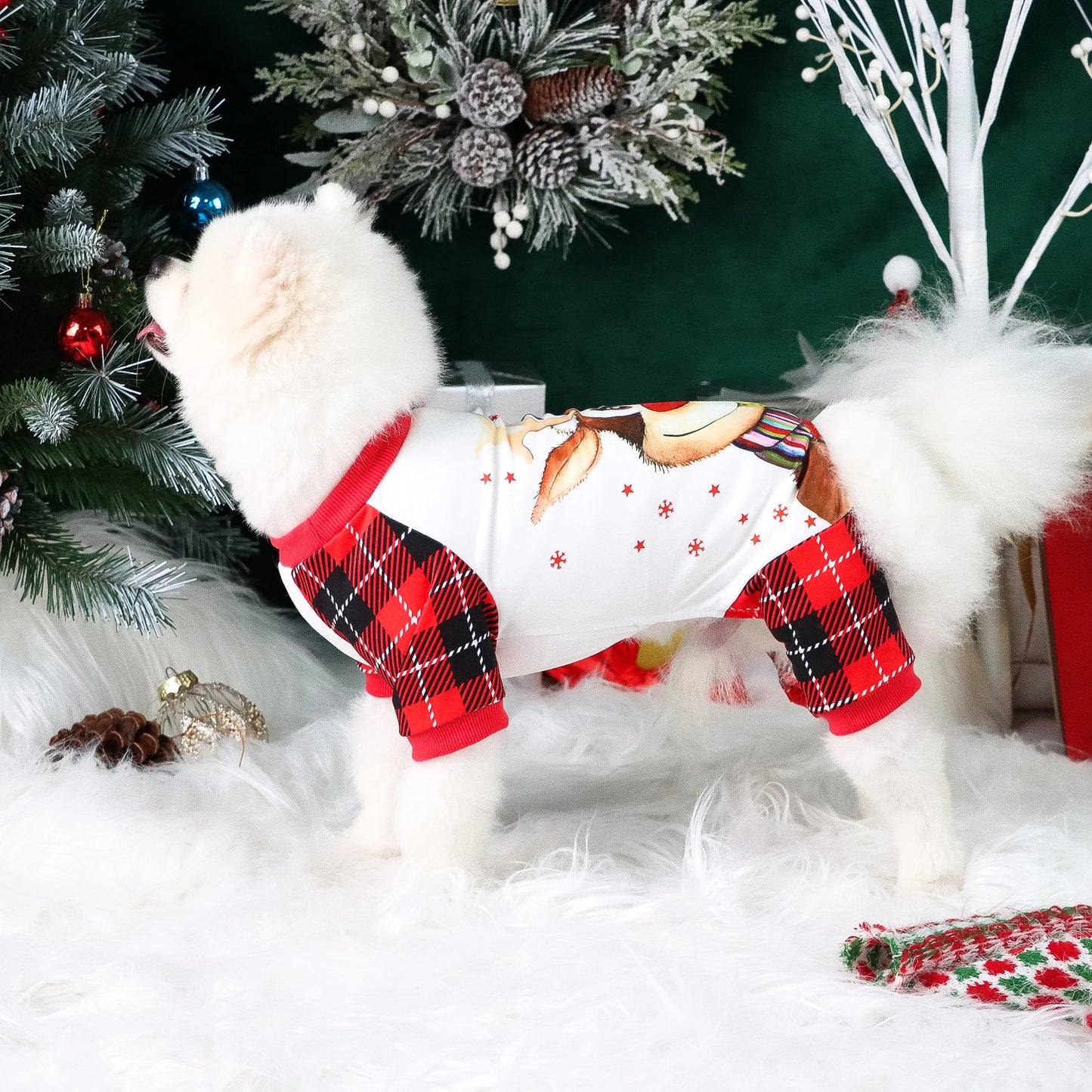 Christmas Dog Pajamas Classical Plaid Soft Dog Clothes with Cute Elk and SANTA CREW Jumpsuit Dog Costumes for Small Medium Puppy