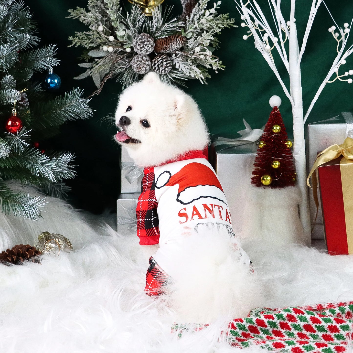 Christmas Dog Pajamas Classical Plaid Soft Dog Clothes with Cute Elk and SANTA CREW Jumpsuit Dog Costumes for Small Medium Puppy