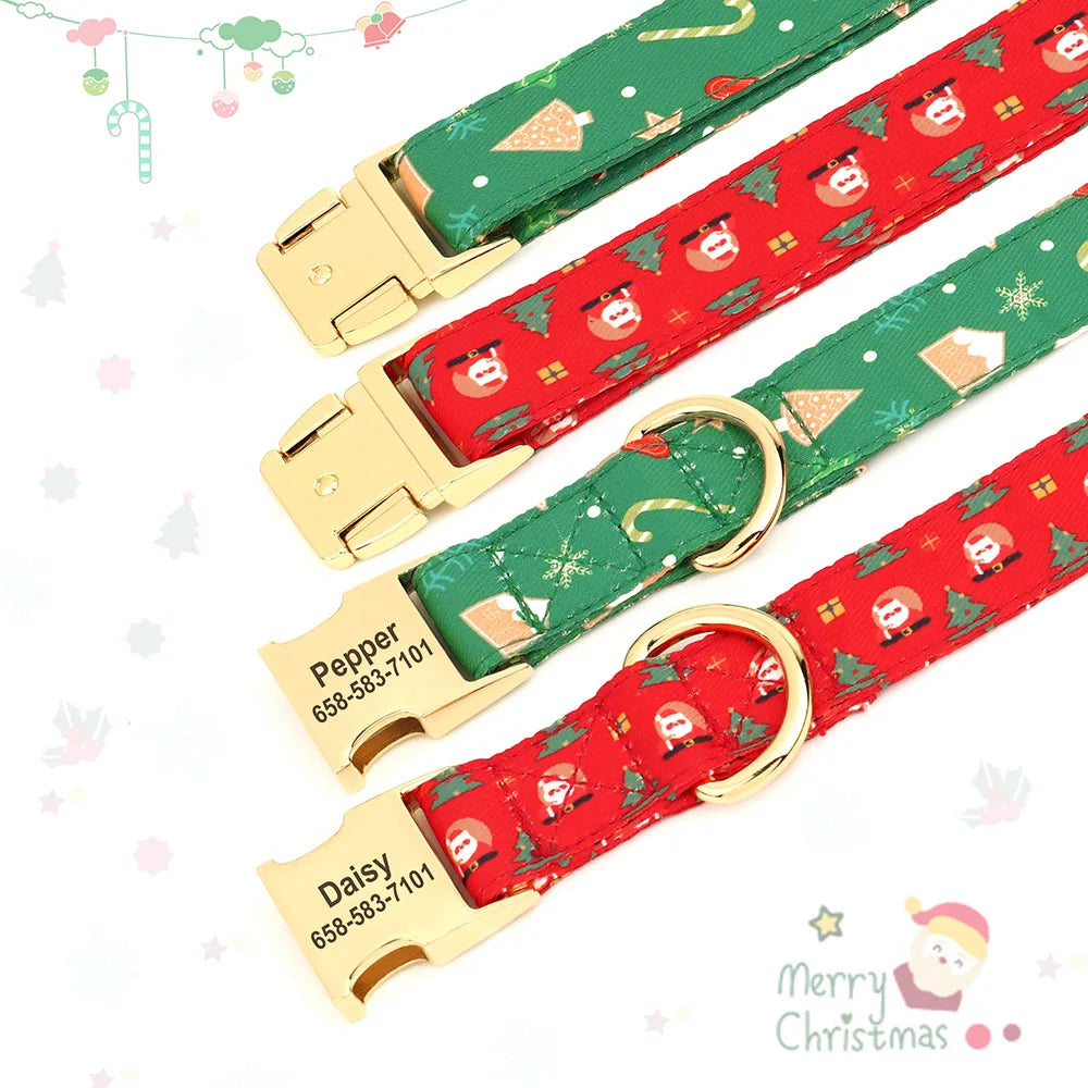 Custom Christmas Dog Collar Cute Flower Santa Pet Dog Collars Free Engraved Pet ID Name Tag Necklace for Small Medium Large Dogs