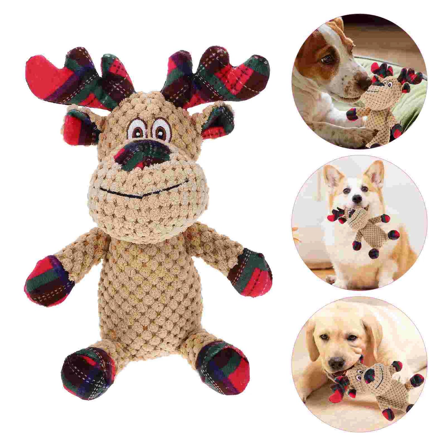 Christmas Elk Santa Style Squeaky Durable Chewable Plush Dog Toy (Christmas Elk) Puppy Teething Biting Clean Chewing