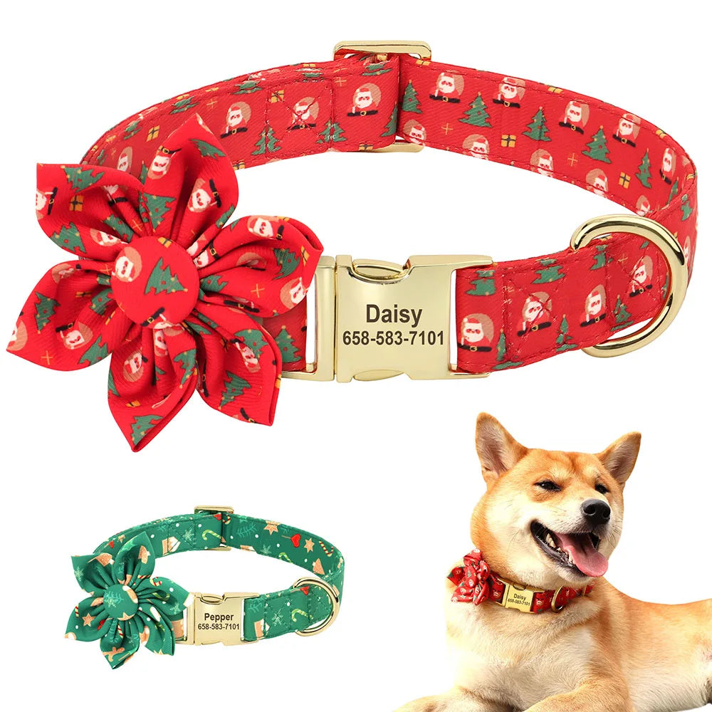 Custom Christmas Dog Collar Cute Flower Santa Pet Dog Collars Free Engraved Pet ID Name Tag Necklace for Small Medium Large Dogs